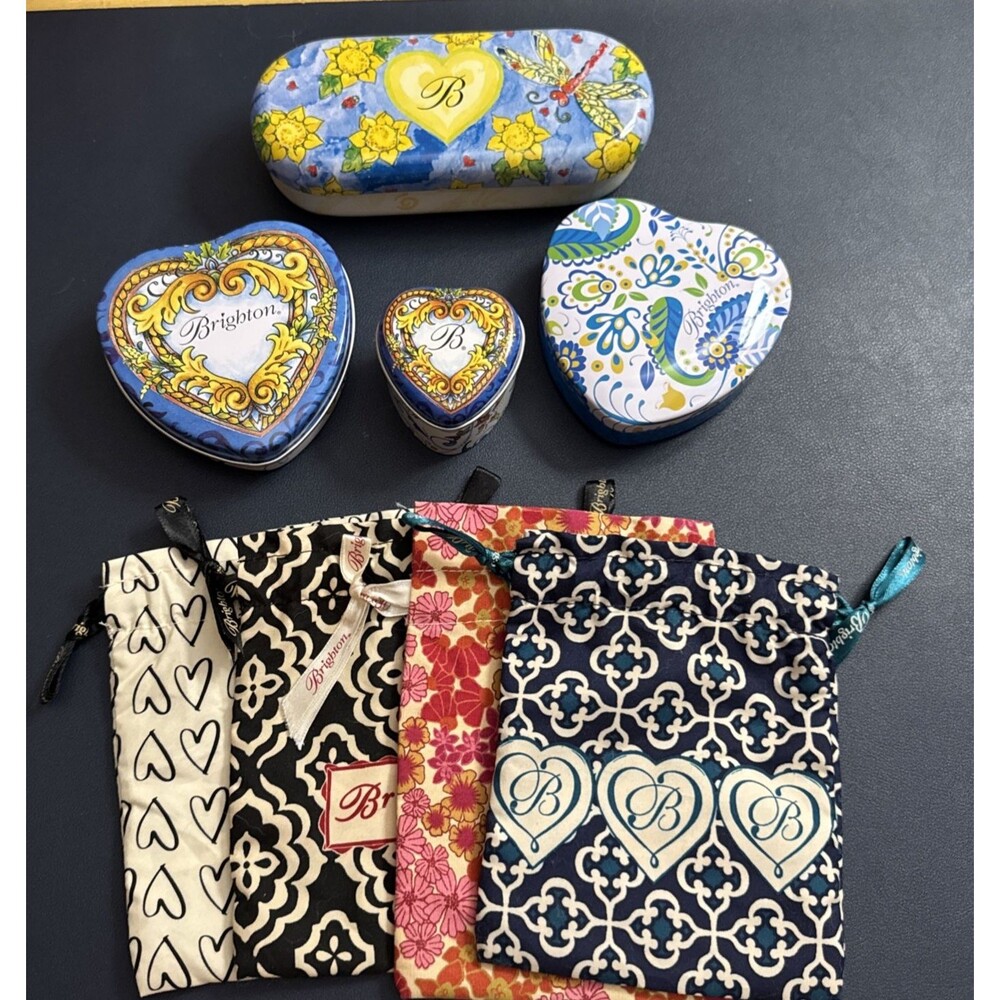 Brighton 4 Metal Tins Heart Shaped & 4 Jewelry Bags Gift Boxes Empty #7-Lot of 8